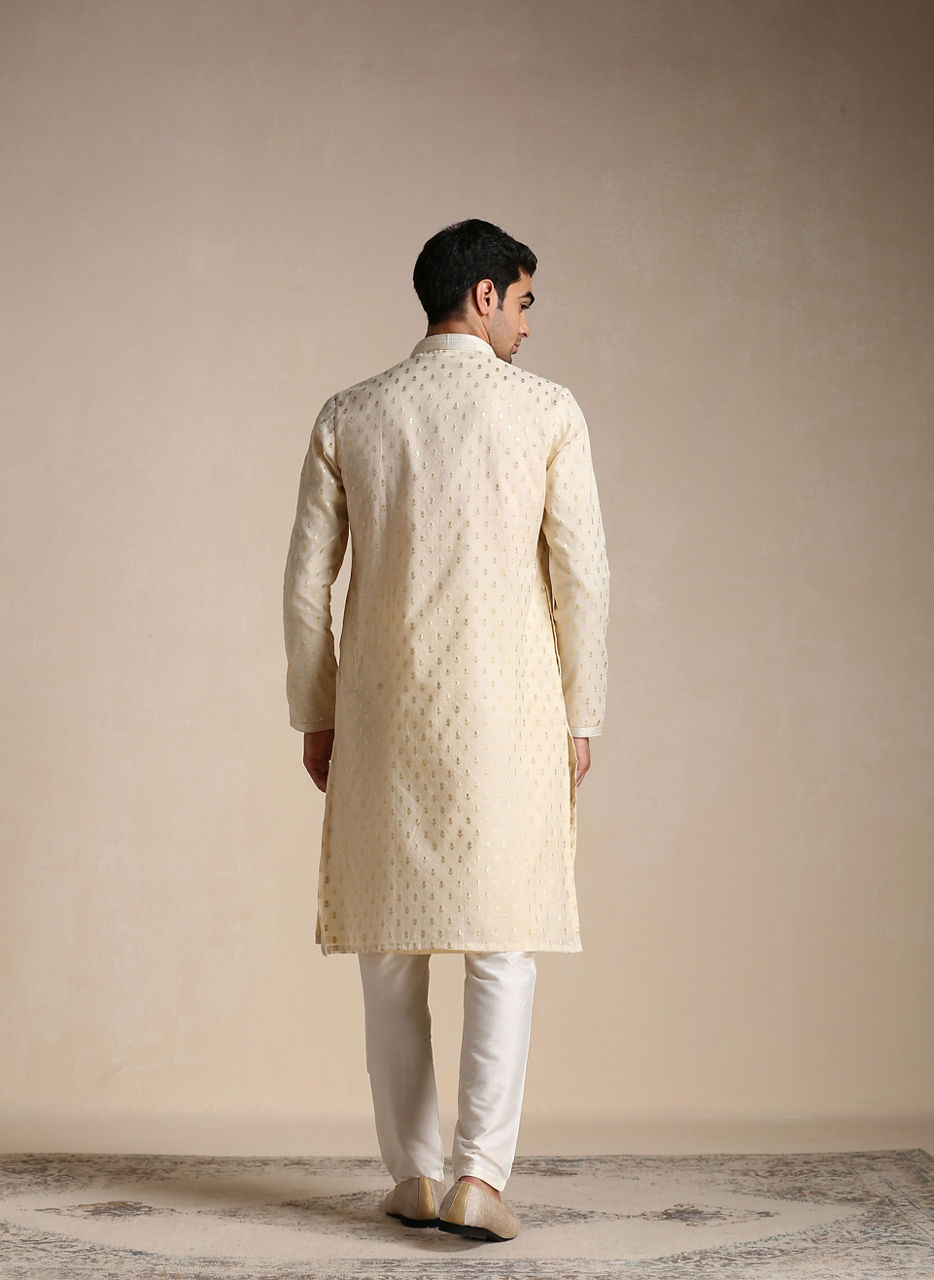 Manyavar Men Biscuit Beige Jacquard Patterned Kurta Set