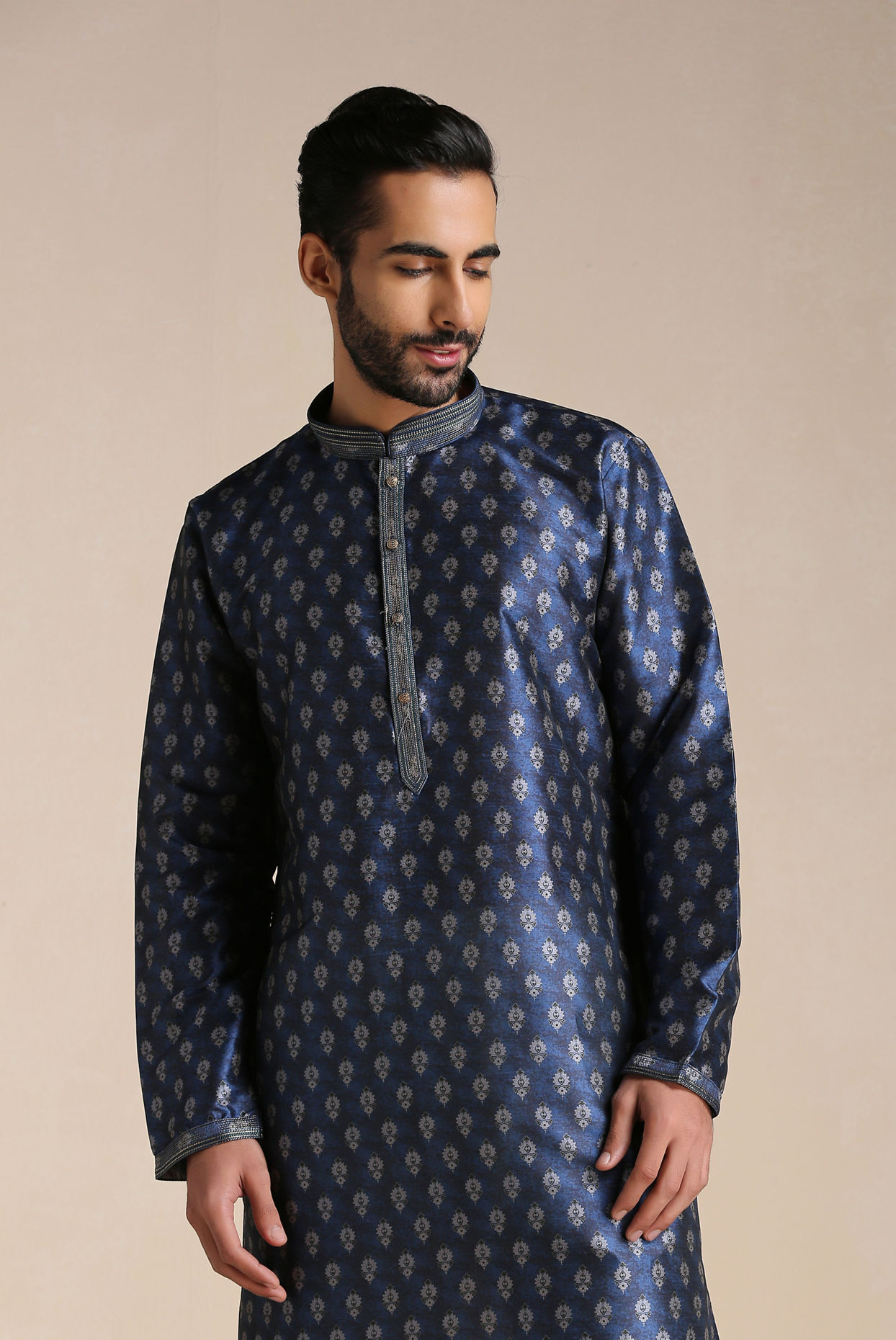 Manyavar Men Trendy Printed Blue Kurta Pajama