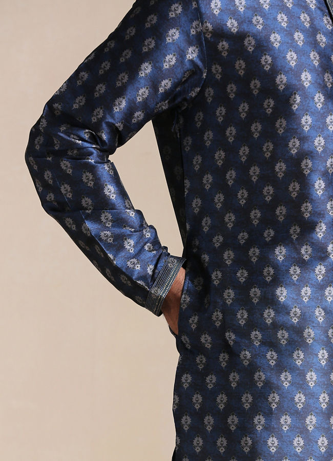 Manyavar Men Trendy Printed Blue Kurta Pajama