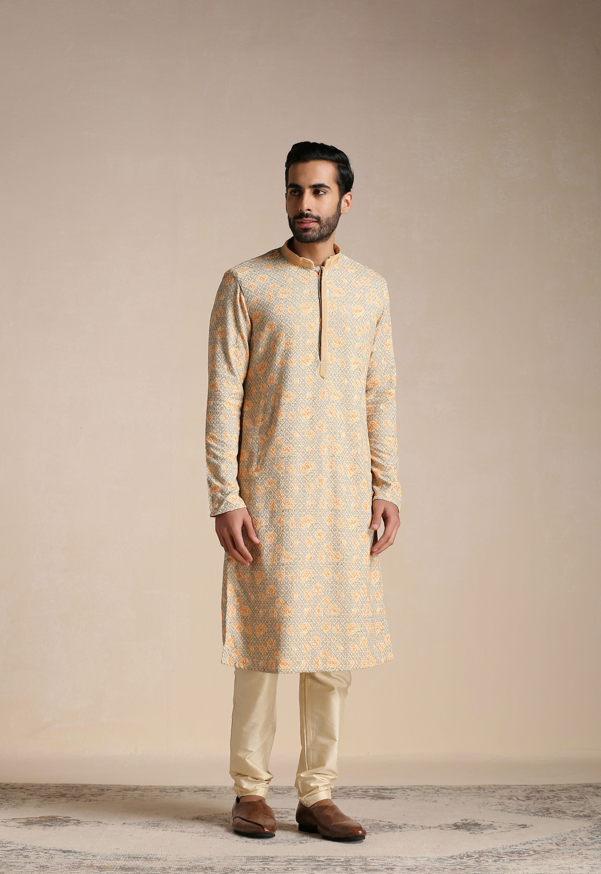 Manyavar Men Peach and Pista Green Chikankari