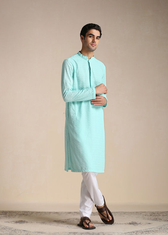 Manyavar Men Aquamarine Blue Chikankari Kurta Set