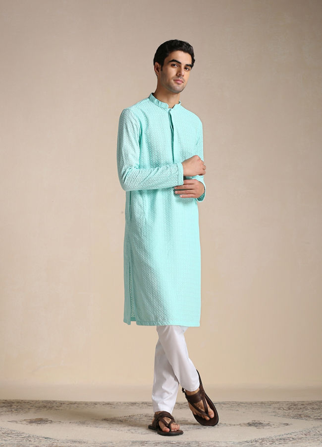 alt message - Manyavar Men Aquamarine Blue Chikankari Kurta Set image number 1