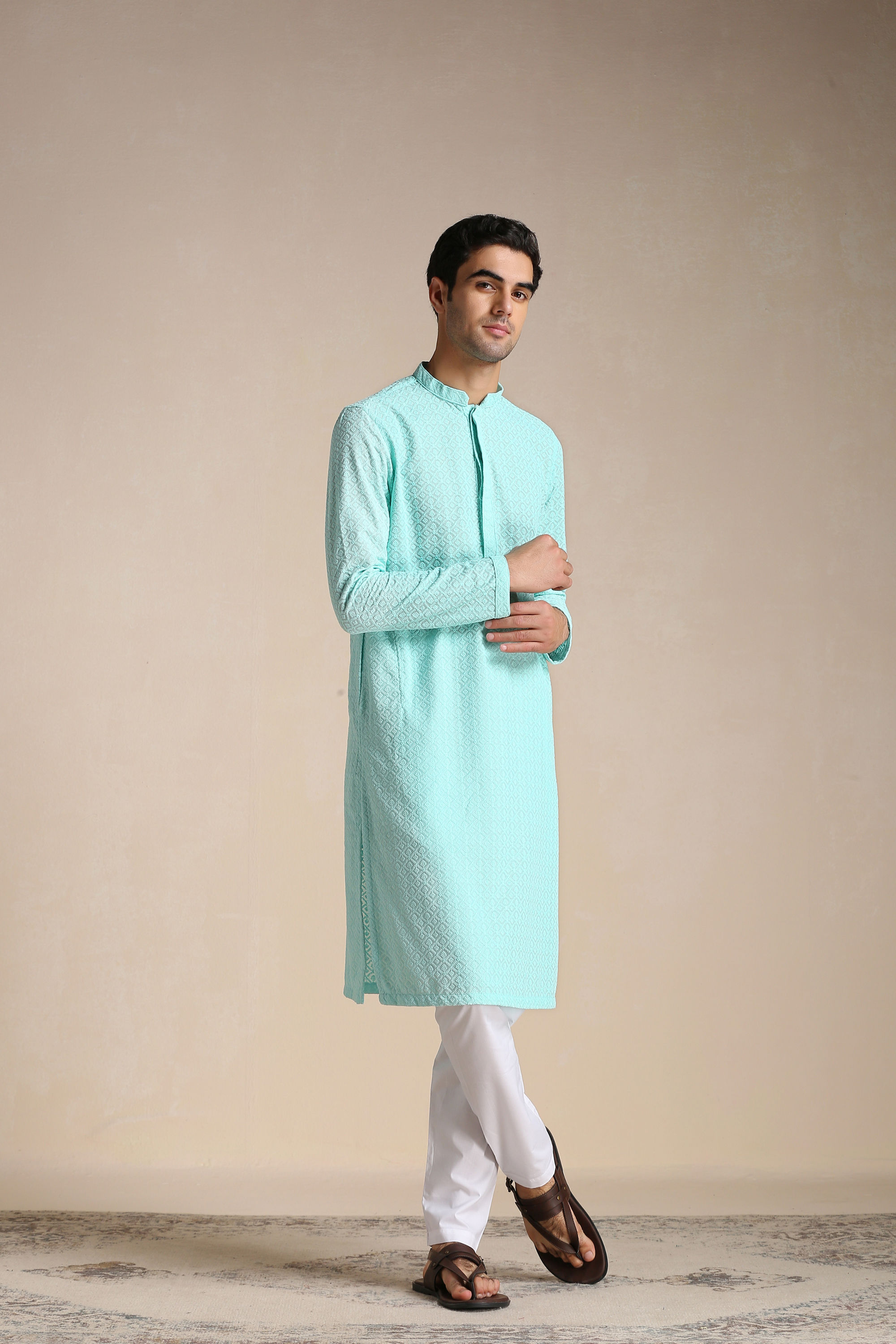 Manyavar Men Aquamarine Blue Chikankari Kurta Set