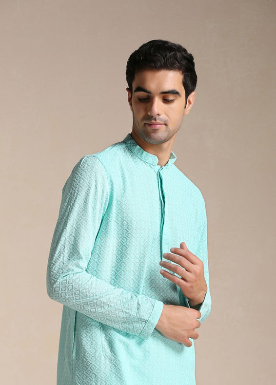 Manyavar Men Aquamarine Blue Chikankari Kurta Set