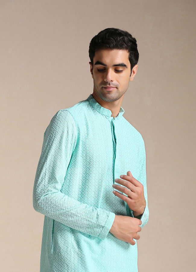 alt message - Manyavar Men Aquamarine Blue Chikankari Kurta Set image number 0