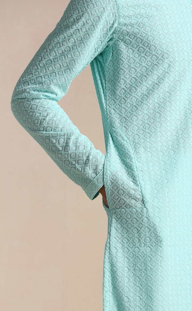 Manyavar Men Aquamarine Blue Chikankari Kurta Set