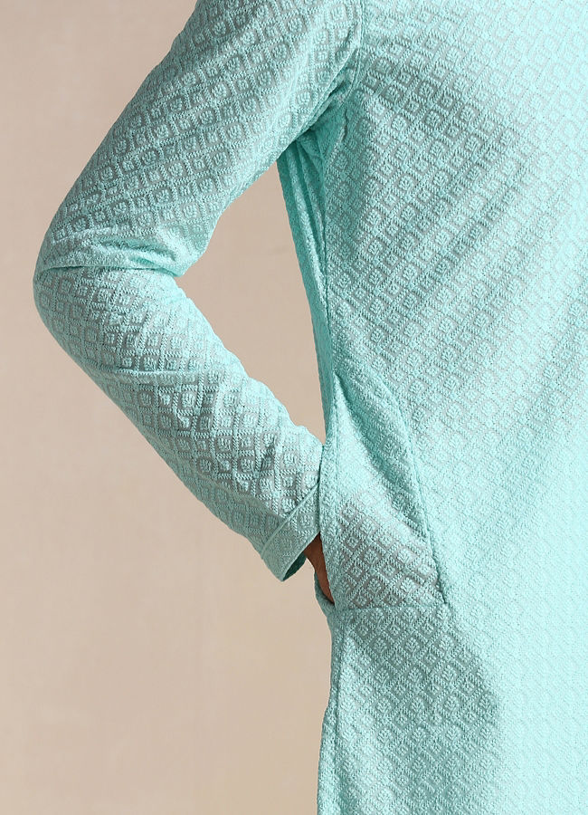 Manyavar Men Aquamarine Blue Chikankari Kurta Set