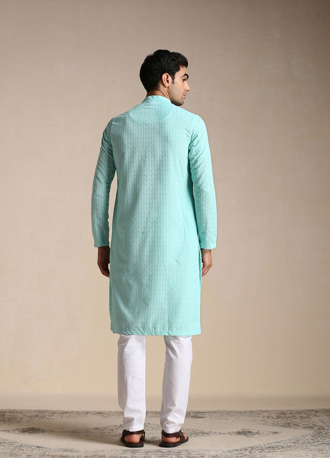 alt message - Manyavar Men Aquamarine Blue Chikankari Kurta Set image number 3