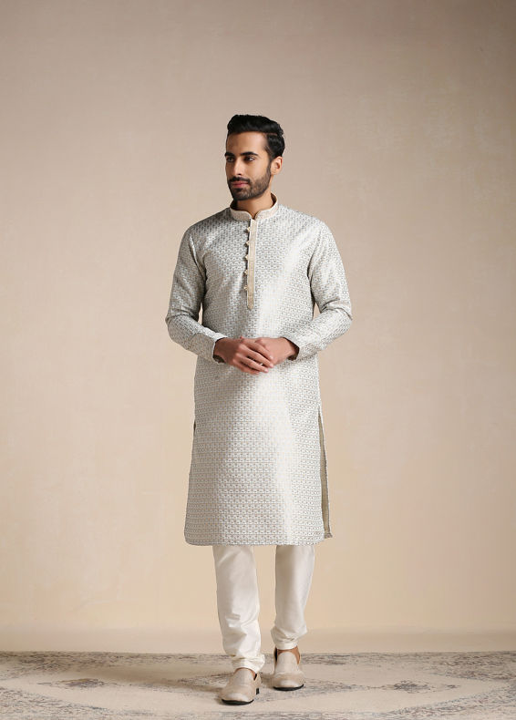 Manyavar Men Cloud Silver Grey Self Patterned Kurta Set