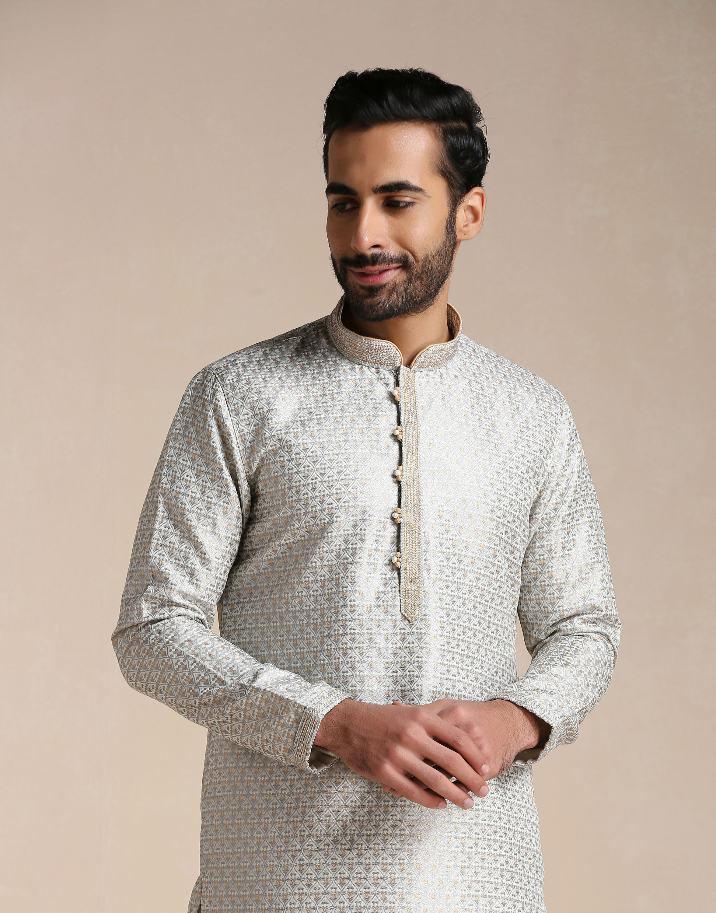 Manyavar Men Cloud Silver Grey Self Patterned Kurta Set