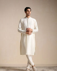 Manyavar Men Pearl White Embroidered Neck Kurta Set