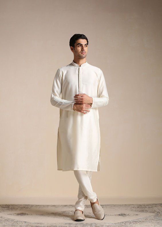 Manyavar Men Pearl White Embroidered Neck Kurta Set