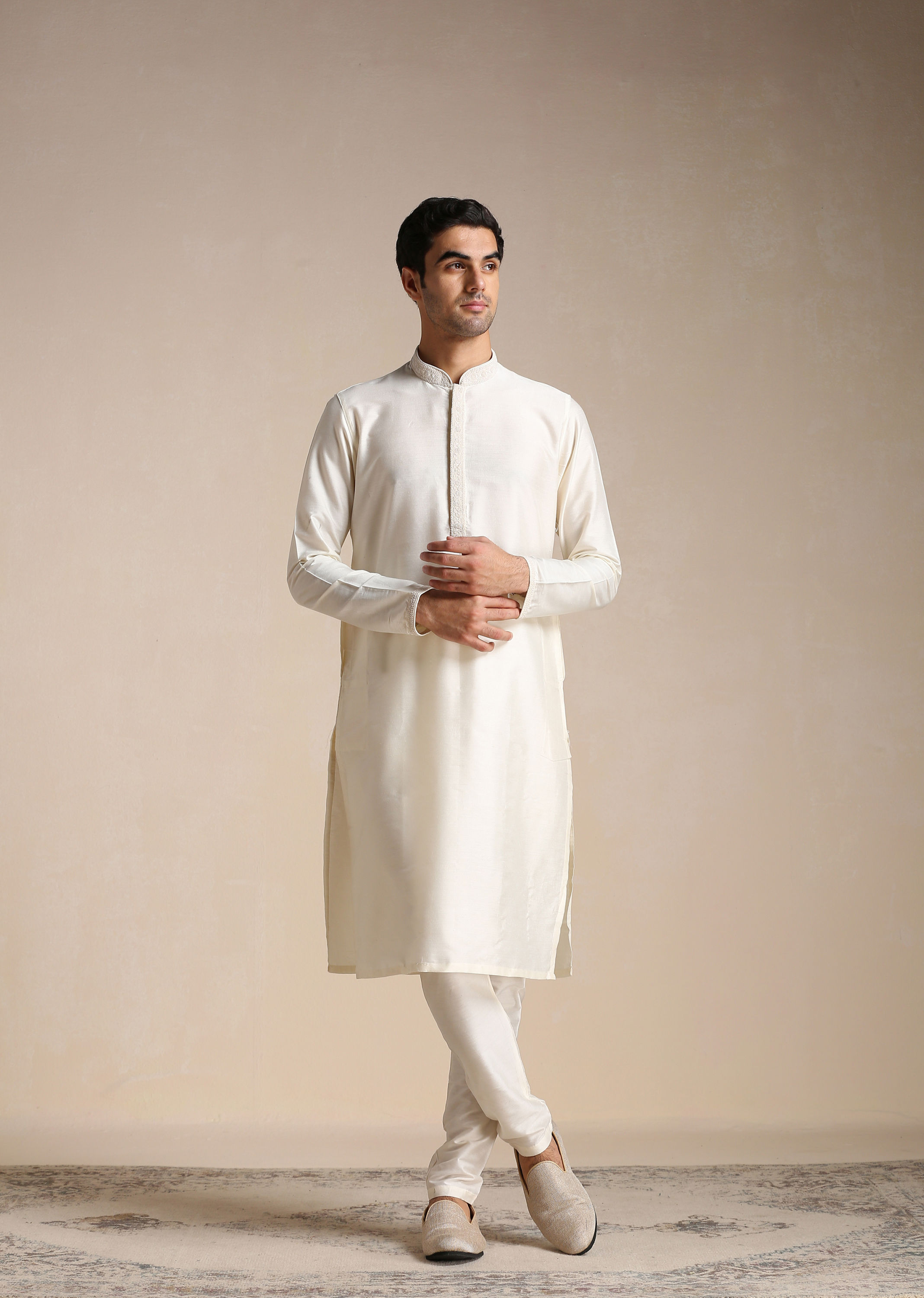 Manyavar Men Pearl White Embroidered Neck Kurta Set