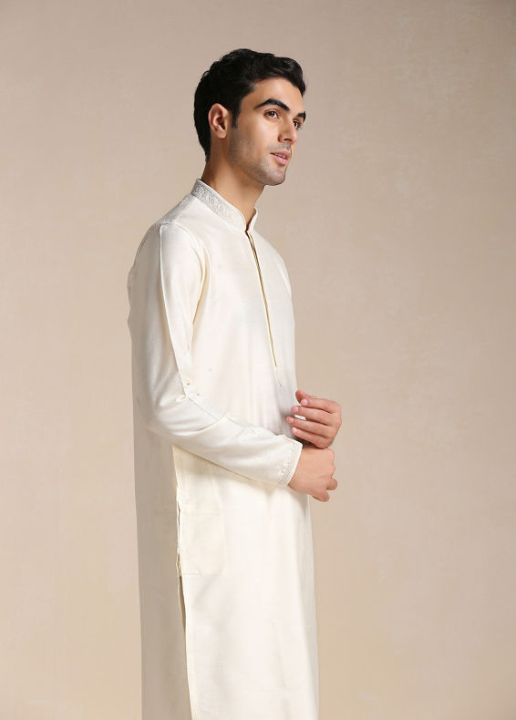 Manyavar Men Pearl White Embroidered Neck Kurta Set
