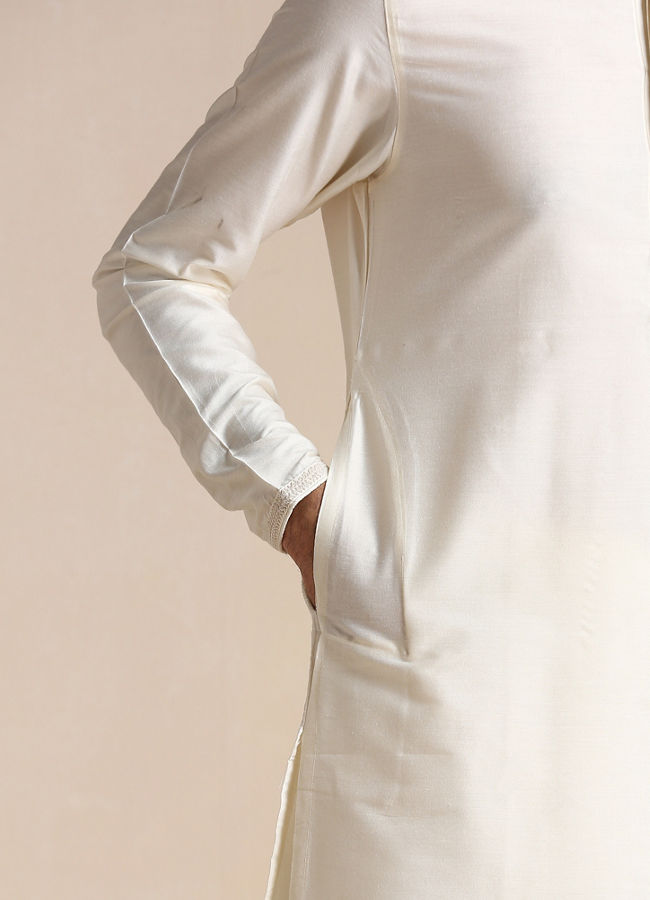 Manyavar Men Pearl White Embroidered Neck Kurta Set