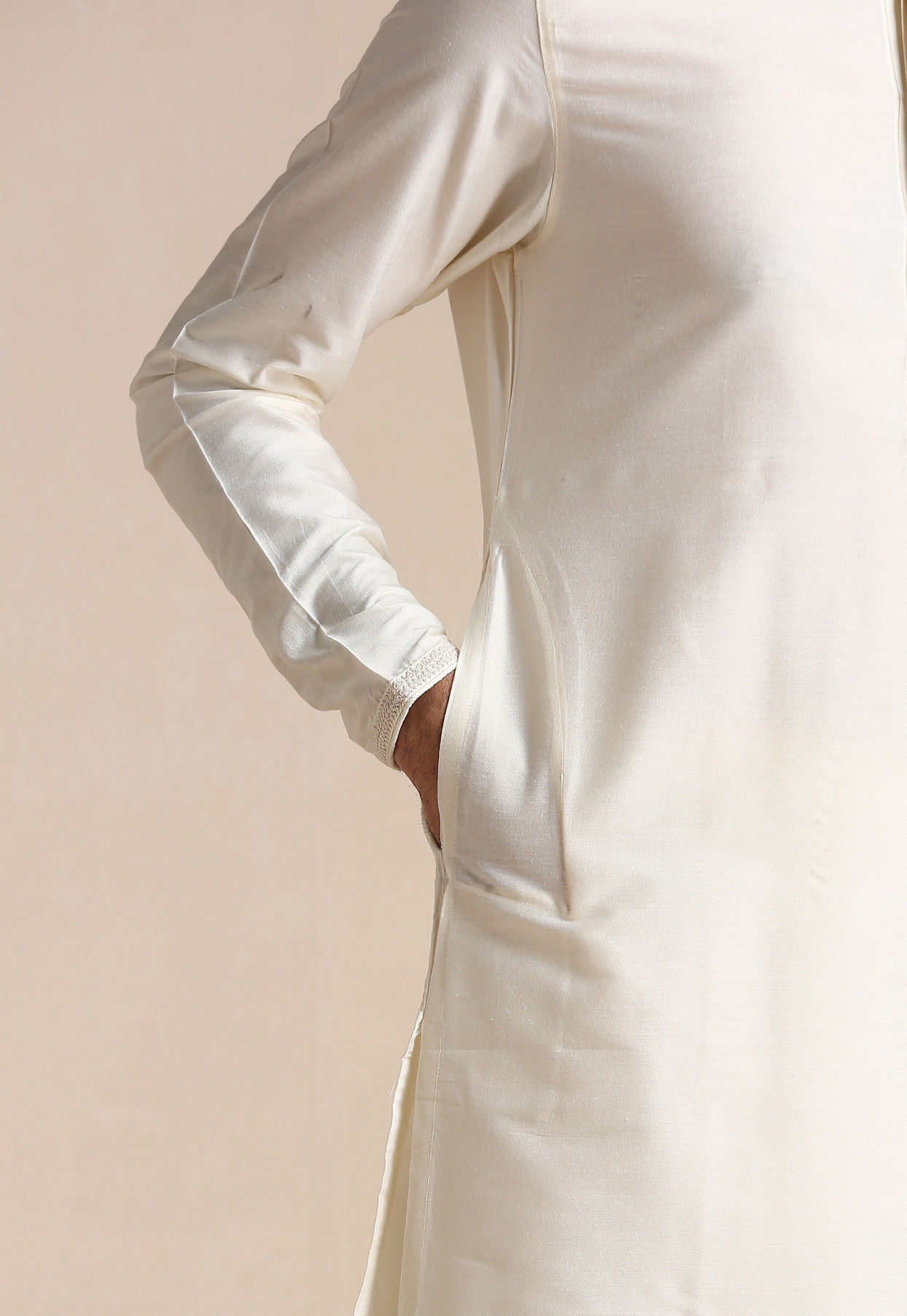 Manyavar Men Pearl White Embroidered Neck Kurta Set