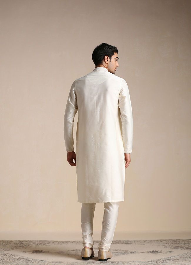 Manyavar Men Pearl White Embroidered Neck Kurta Set