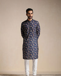 Manyavar Men Dazzling Blue Floral Print Kurta