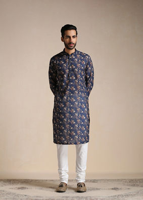 Manyavar Men Dazzling Blue Floral Print Kurta