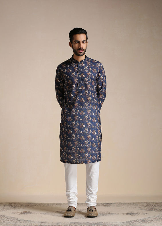 Manyavar Men Dazzling Blue Floral Print Kurta