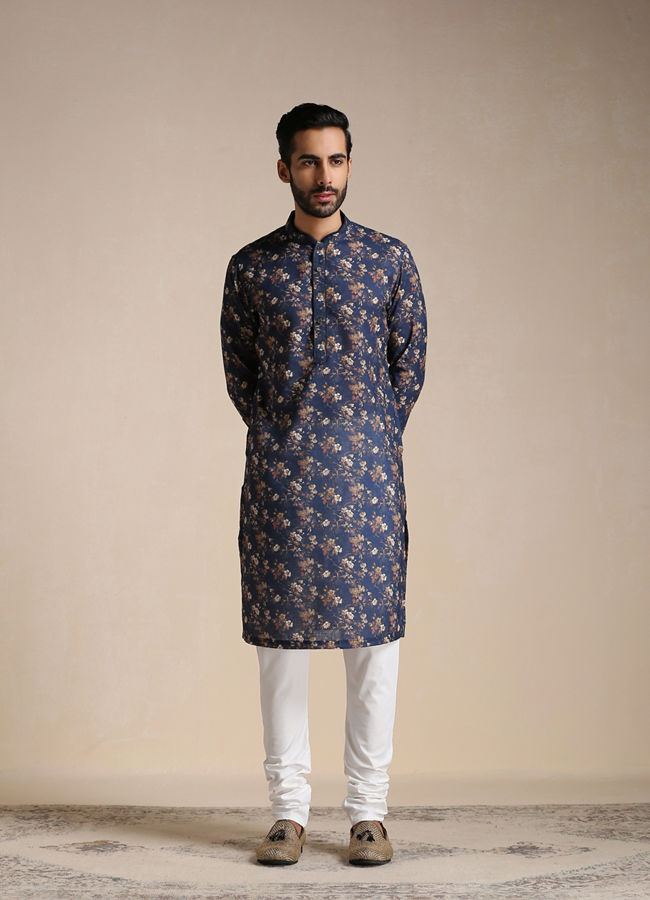 alt message - Manyavar Men Dazzling Blue Floral Print Kurta image number 1