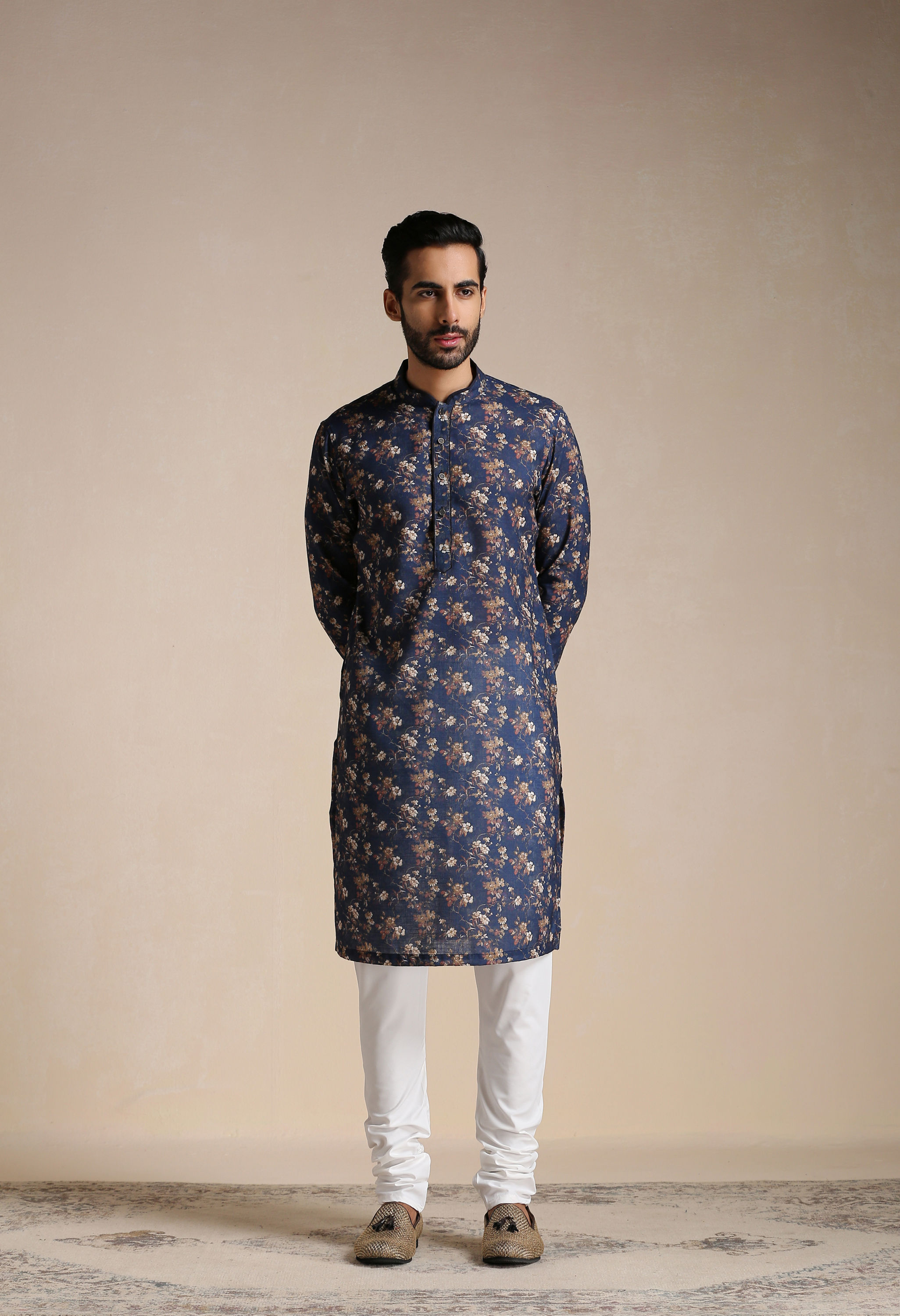 Manyavar Men Dazzling Blue Floral Print Kurta