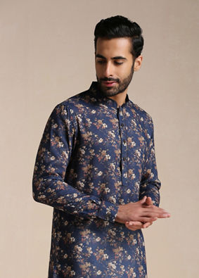 Manyavar Men Dazzling Blue Floral Print Kurta