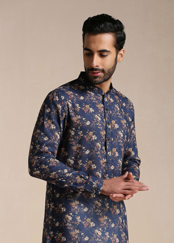 Manyavar Men Dazzling Blue Floral Print Kurta