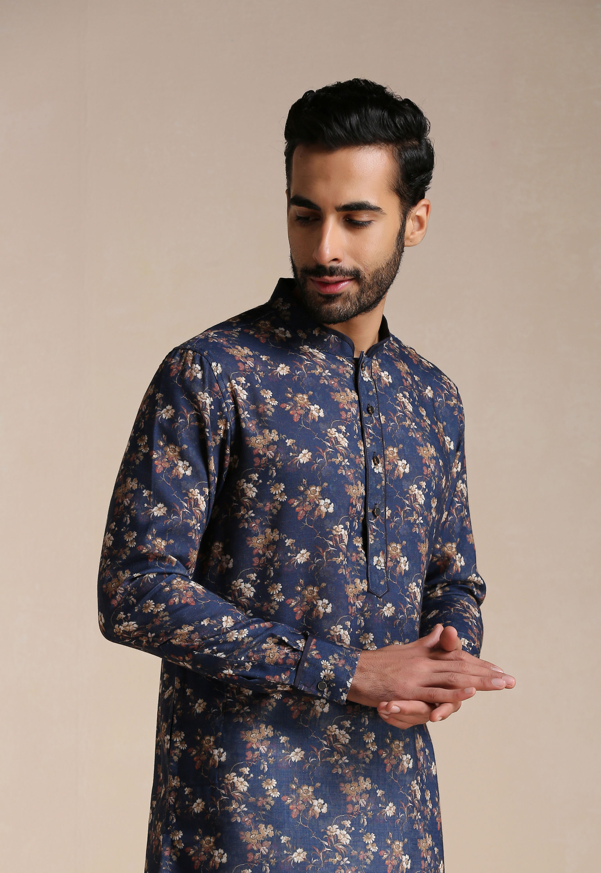 Manyavar Men Dazzling Blue Floral Print Kurta