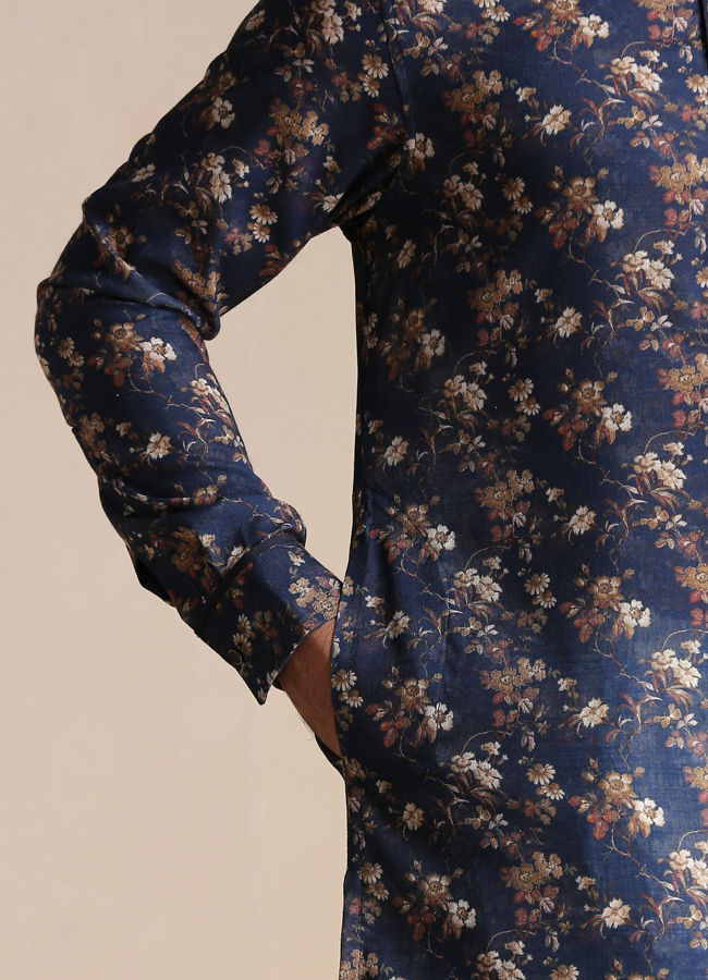 Manyavar Men Dazzling Blue Floral Print Kurta