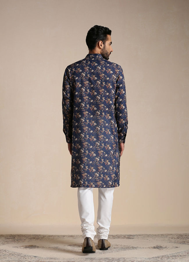 alt message - Manyavar Men Dazzling Blue Floral Print Kurta image number 3