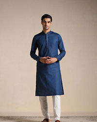 Manyavar Men Plain Blue Cotton Kurta