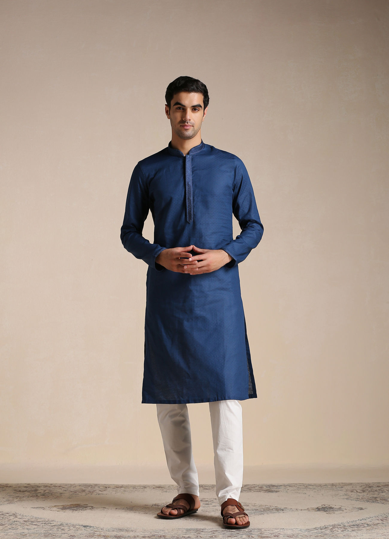 Manyavar Men Plain Blue Cotton Kurta