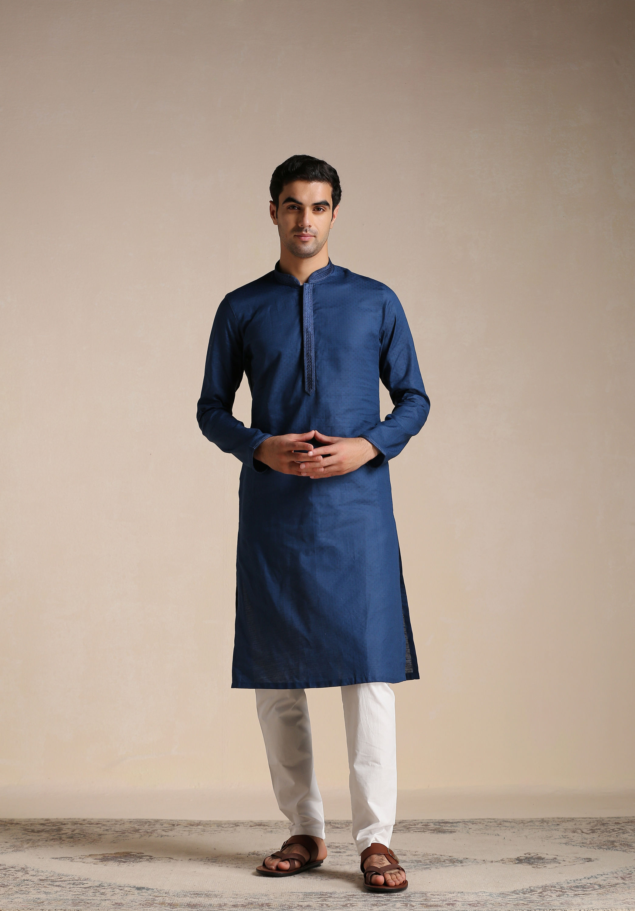 Manyavar Men Plain Blue Cotton Kurta