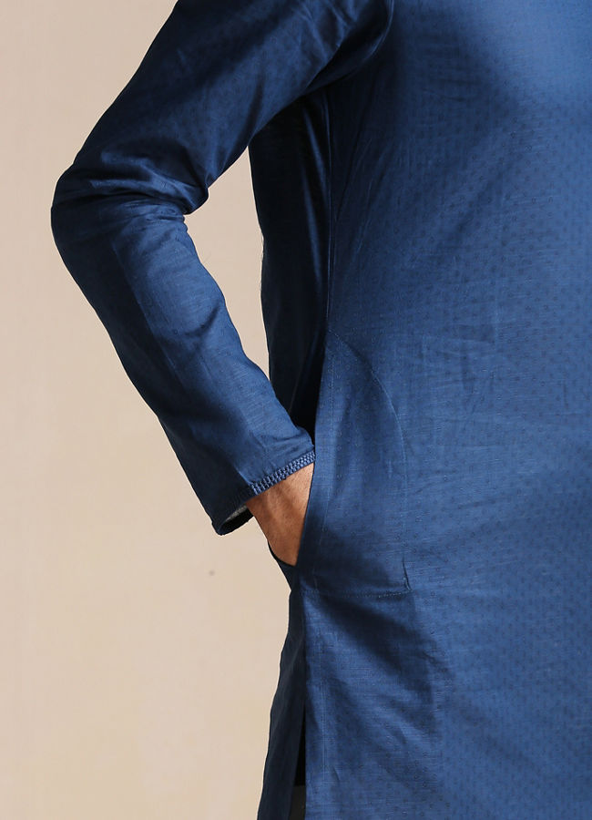 Manyavar Men Plain Blue Cotton Kurta