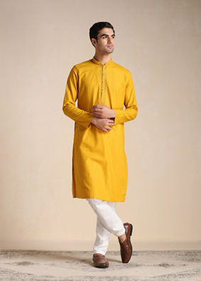 Manyavar Men Candlelight Orange Placket Detailed Kurta Set