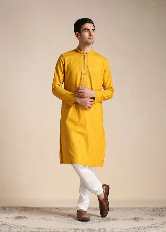 Manyavar Men Candlelight Orange Placket Detailed Kurta Set