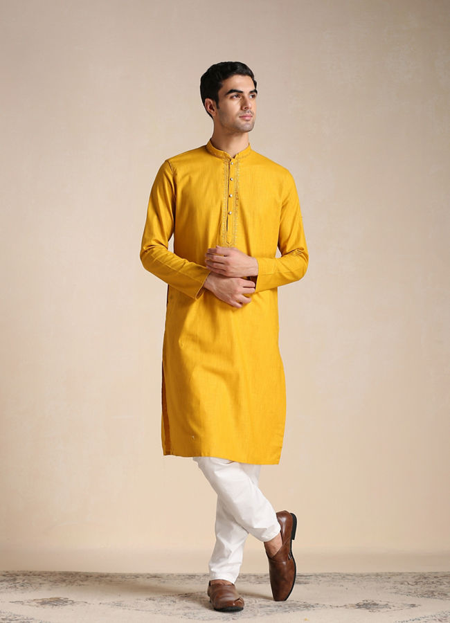 Manyavar Men Candlelight Orange Placket Detailed Kurta Set