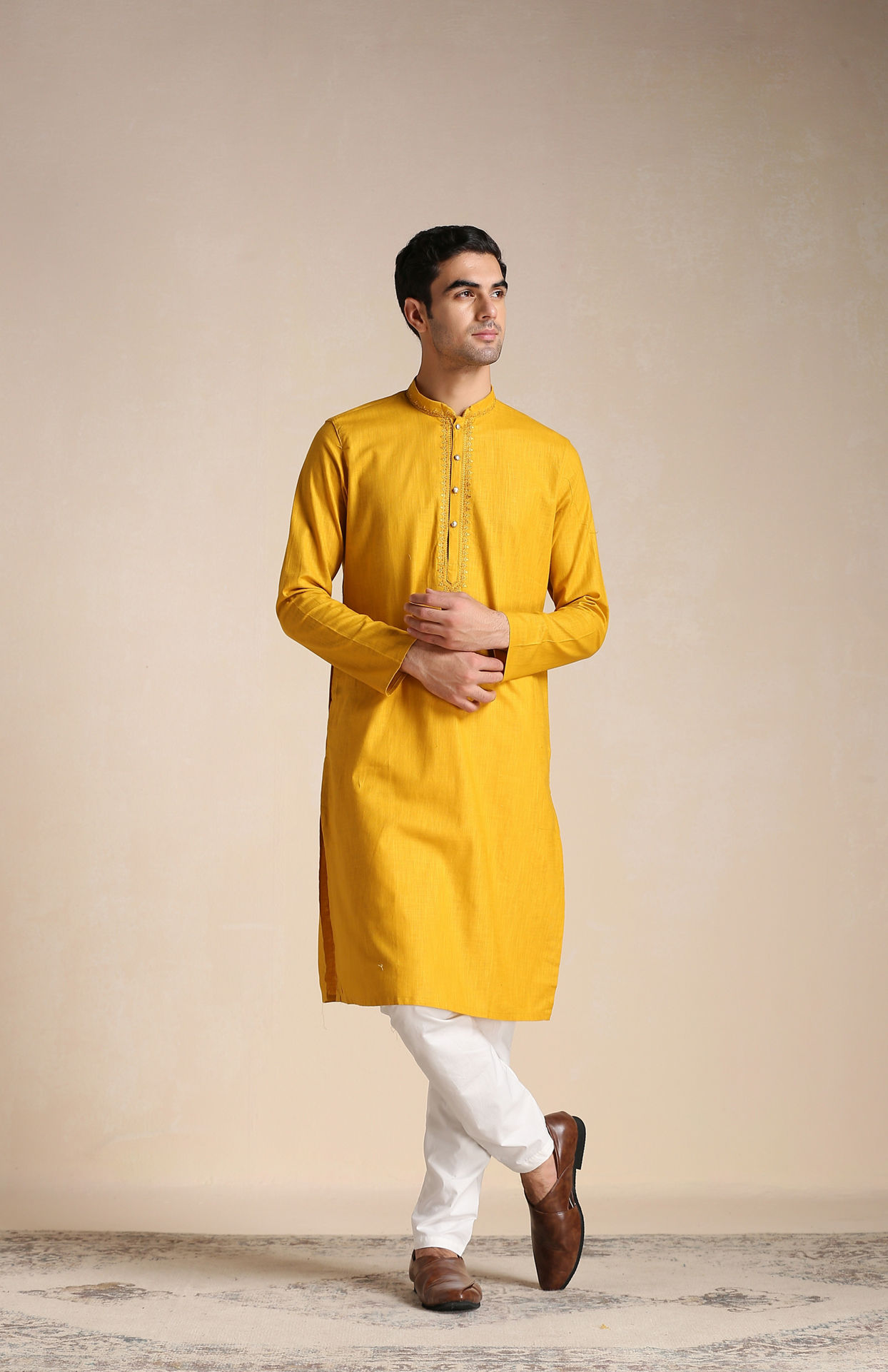 Manyavar Men Candlelight Orange Placket Detailed Kurta Set