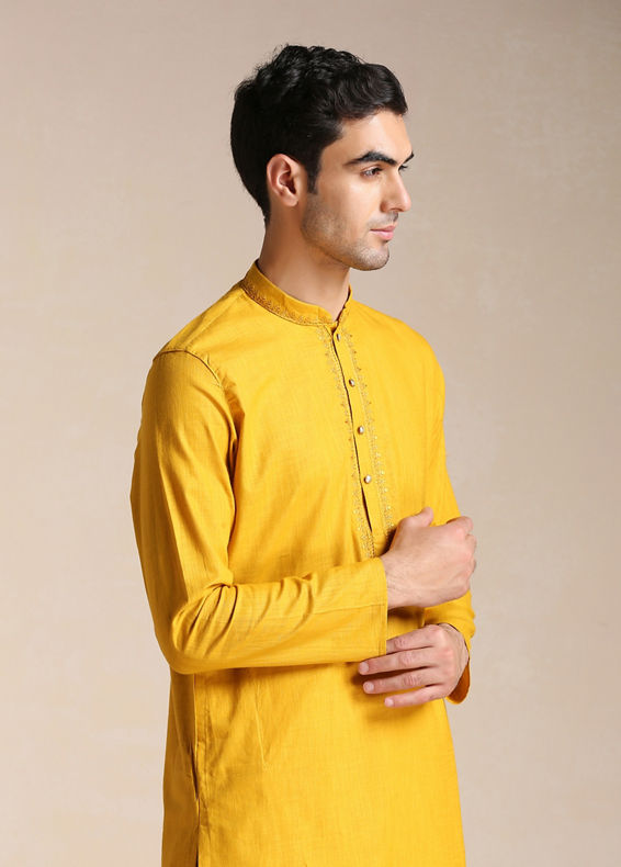 Manyavar Men Candlelight Orange Placket Detailed Kurta Set