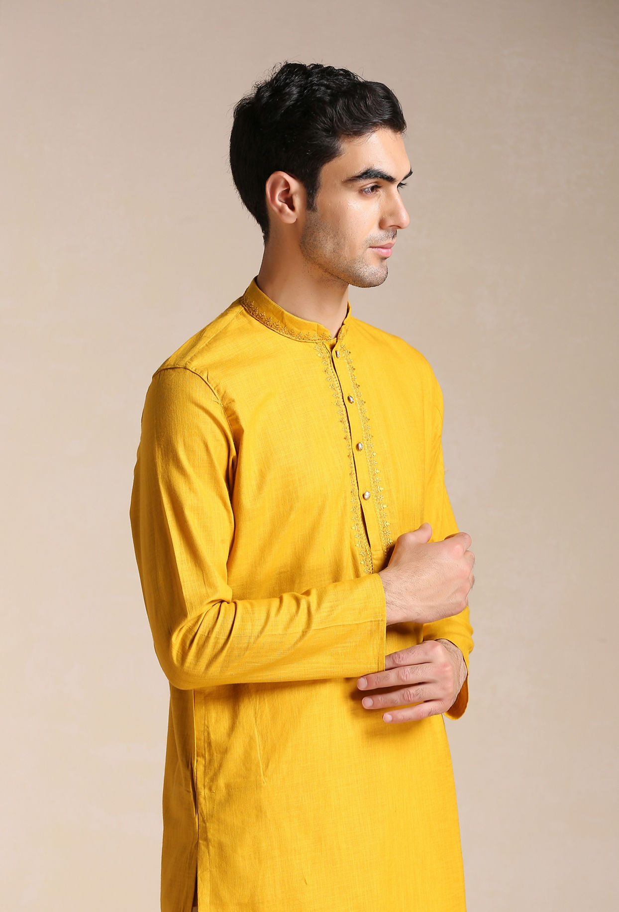 Manyavar Men Candlelight Orange Placket Detailed Kurta Set