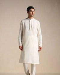 Manyavar Men Cream White Patterned Placket Kurta Set