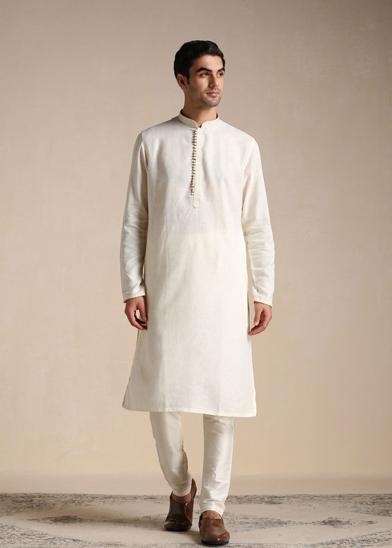 Manyavar Men Cream White Patterned Placket Kurta Set