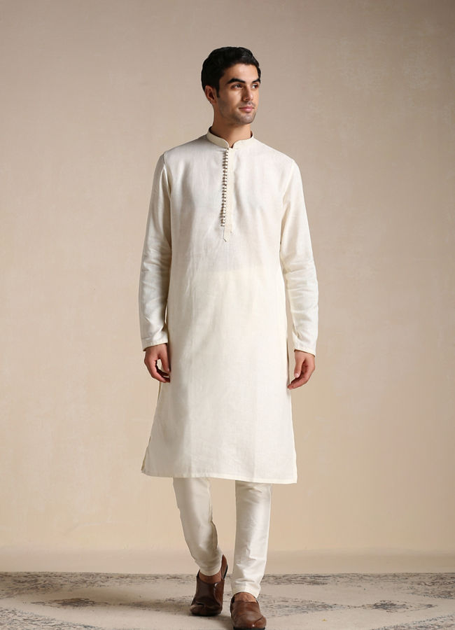 Manyavar Men Cream White Patterned Placket Kurta Set