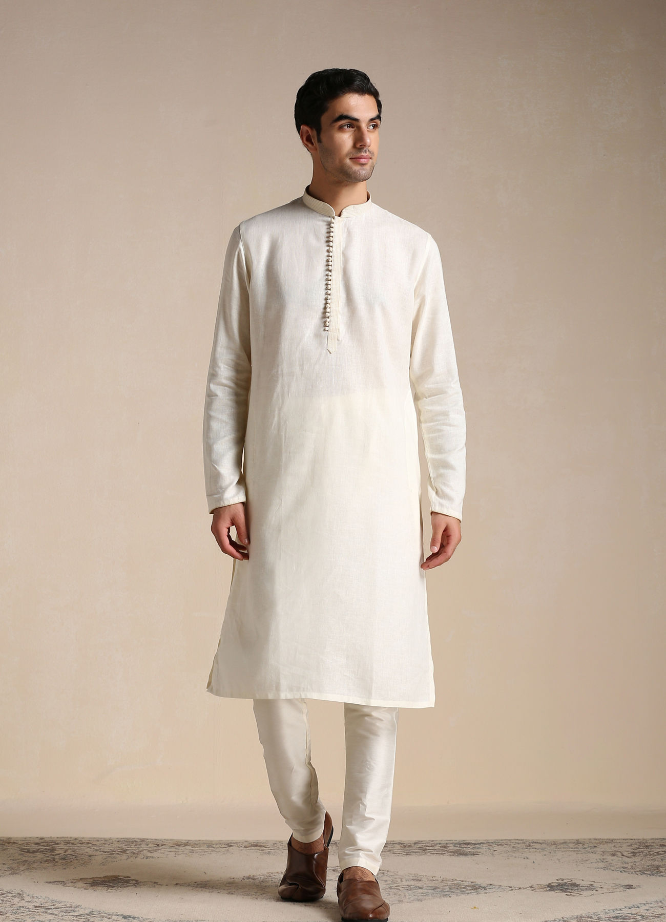 Manyavar Men Cream White Patterned Placket Kurta Set