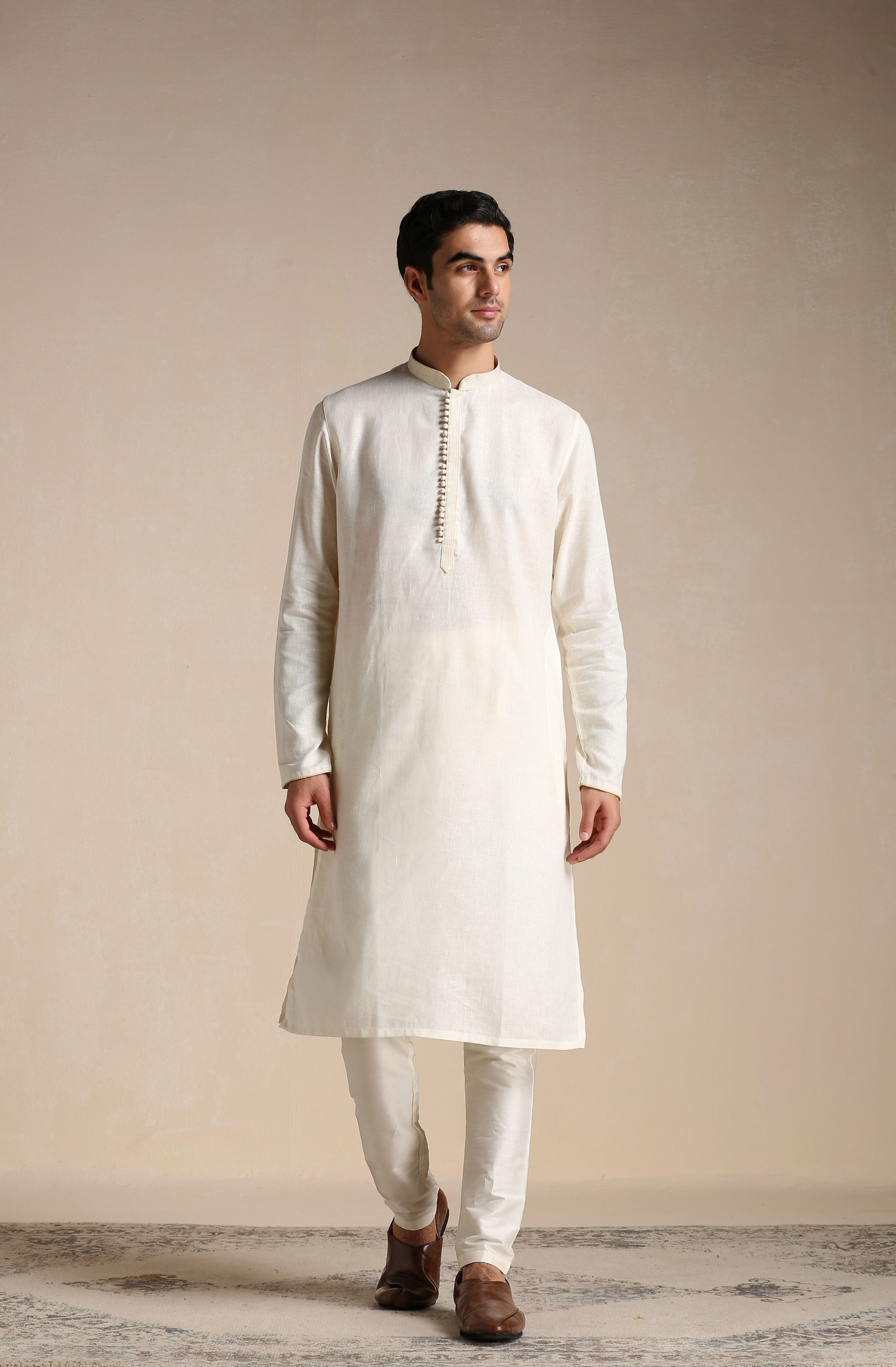 Manyavar Men Cream White Patterned Placket Kurta Set