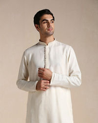 Manyavar Men Cream White Patterned Placket Kurta Set