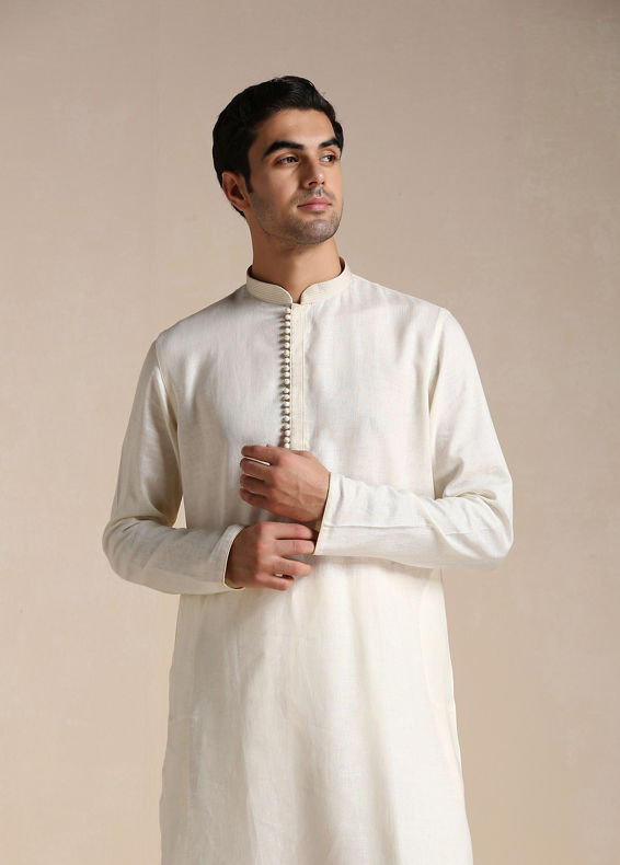 Manyavar Men Cream White Patterned Placket Kurta Set