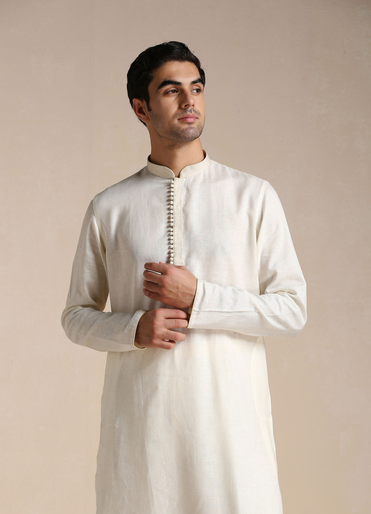 Manyavar Men Cream White Patterned Placket Kurta Set