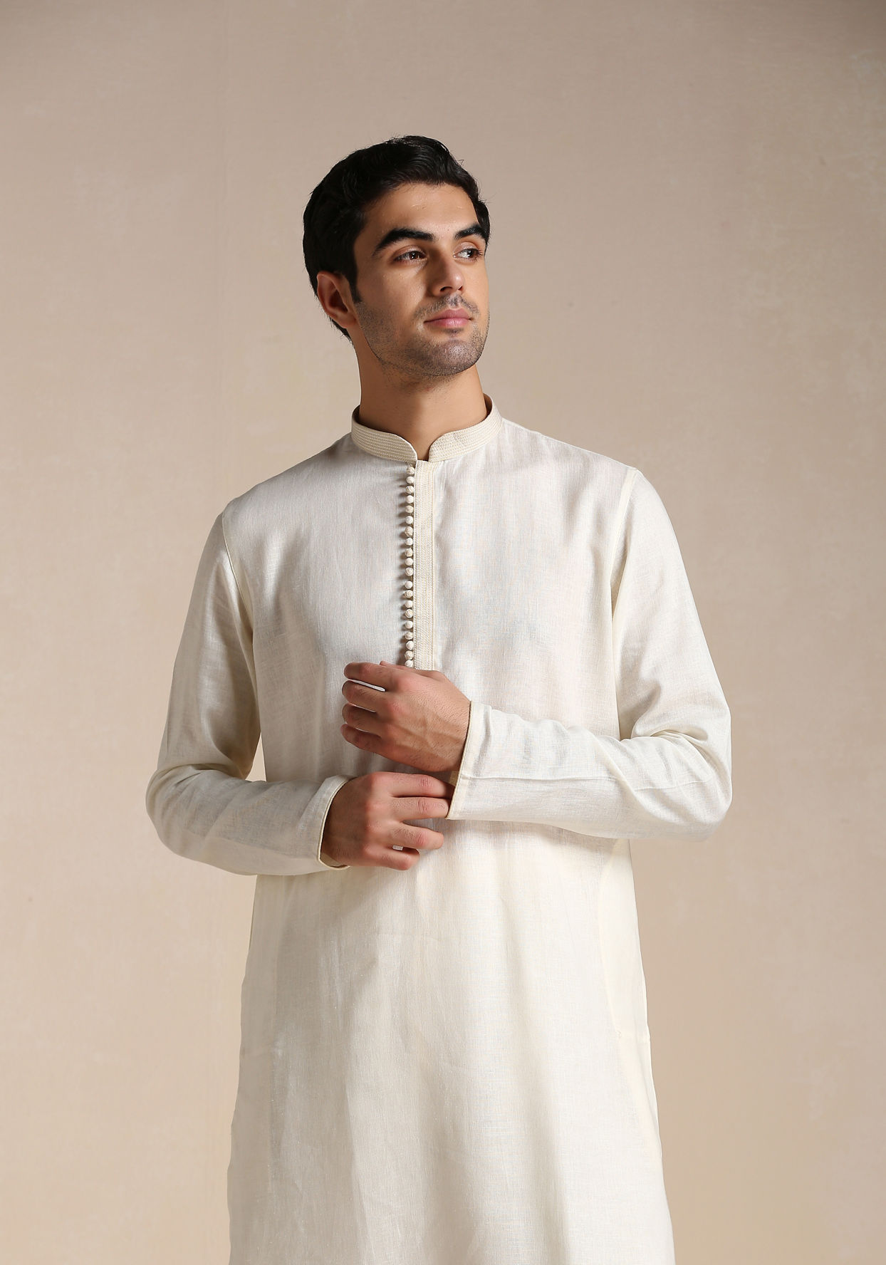 Manyavar Men Cream White Patterned Placket Kurta Set